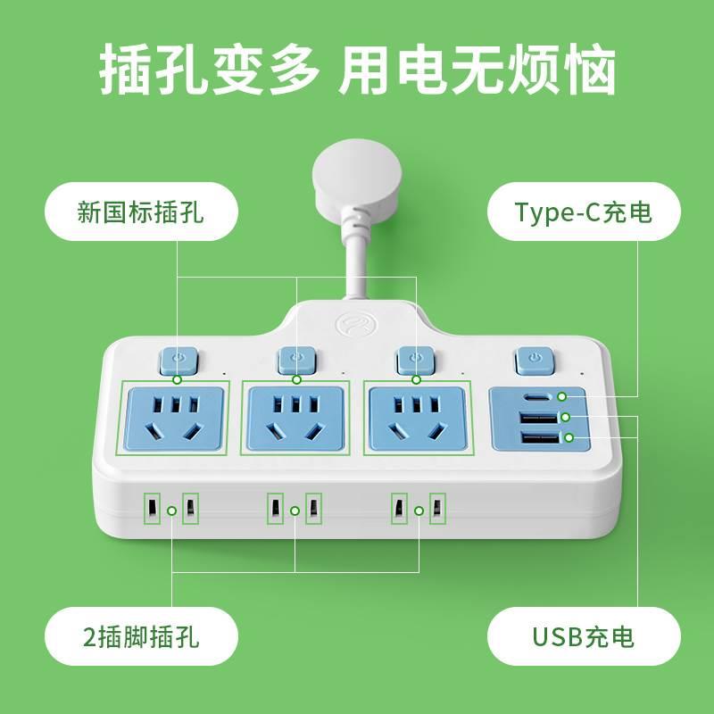 多功能插座转换器扩展插头多插位插线板Type-C插排排插插板带线-图1