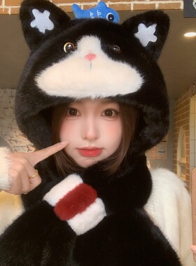 冬季女小猫耳多护耳帽子围巾一体