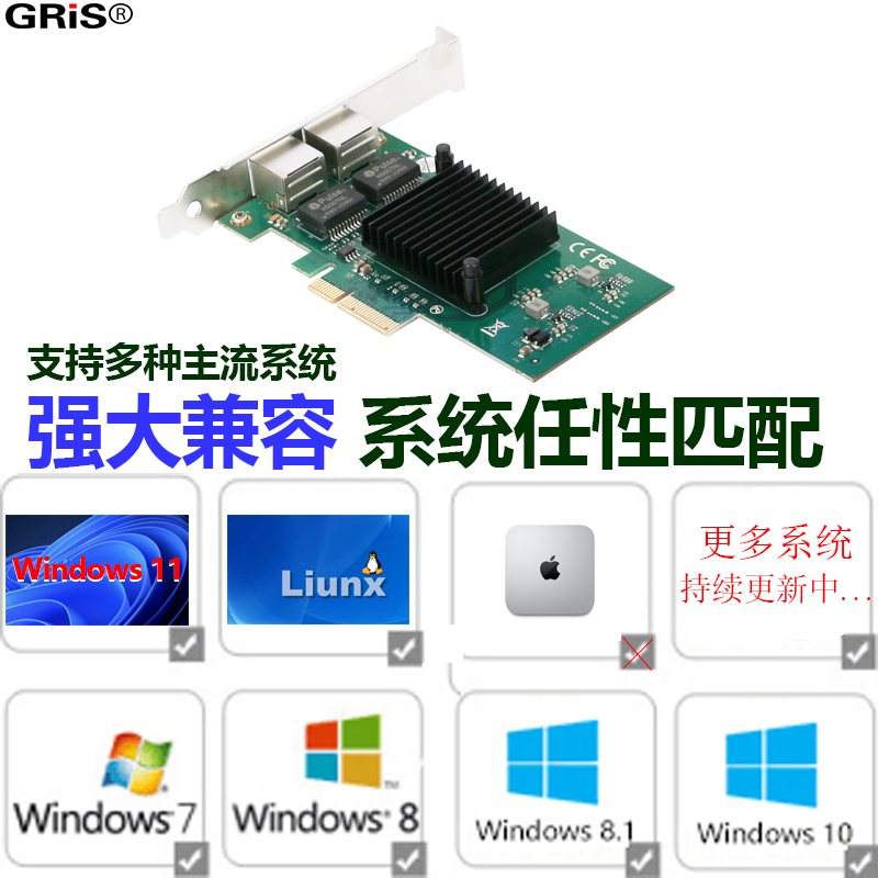 GRIS PCI-E双口千兆网卡I82576T2台式机X4视觉采集卡INTEL英特尔服务器PXE海蜘蛛免驱动六类光纤电脑以太汇聚 - 图0