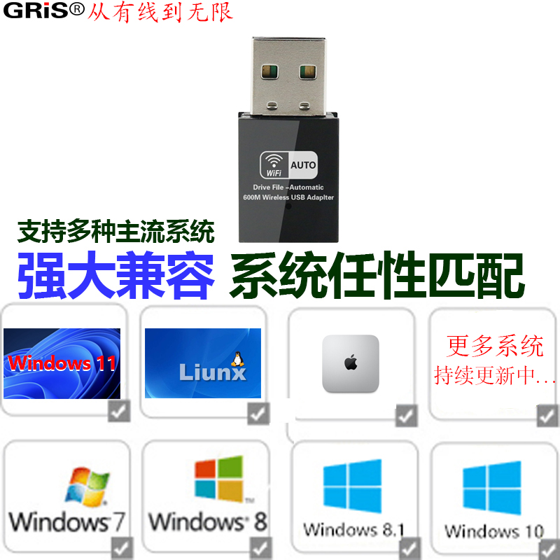 GRIS Win7 8 10 11免驱动USB无线网卡REALTEK电脑5G双频台式机笔记本wifi接收器瑞昱RTL8811CU点歌电视机顶盒 - 图1