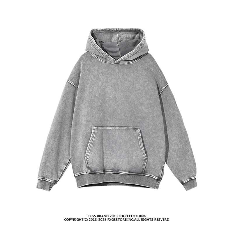 KANYE侃爷高街重磅420G复古做旧纯色连帽卫衣oversize宽松帽衫男