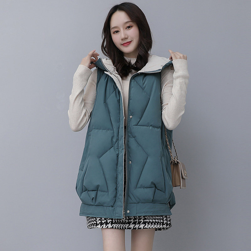 韩版女中长款连帽宽松拼色棉马甲 零五七一世家圣毅马夹