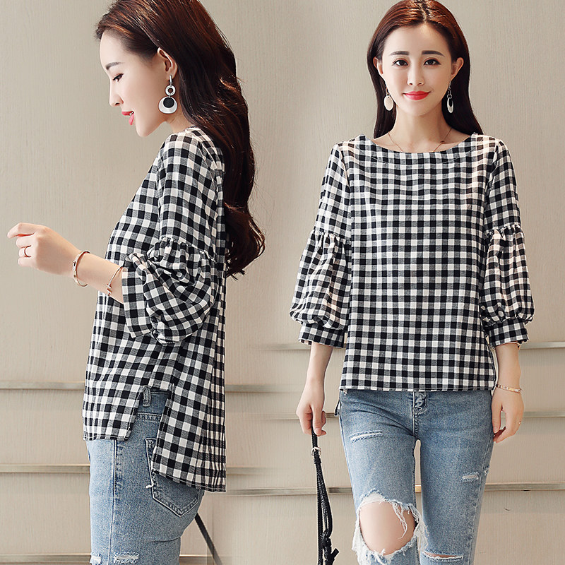 韩版女七分袖格子千鸟格小衫衬衫 零五七一世家圣毅衬衫