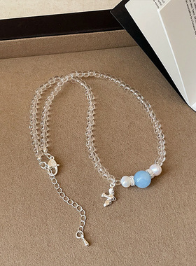 蓝色天然石珍珠透明串珠项链女