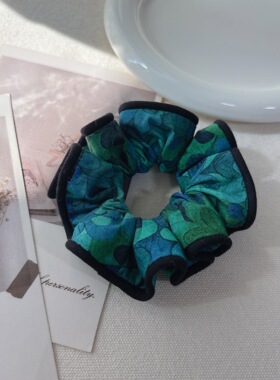 手作翡翠湾绿色小肠发圈油画风碎花复古文艺纯棉发绳头绳气质头花