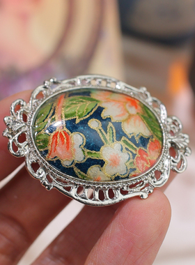 海淘vintage中古饰品手工和纸莳绘艺术胸针挂坠两用款 古风繁花
