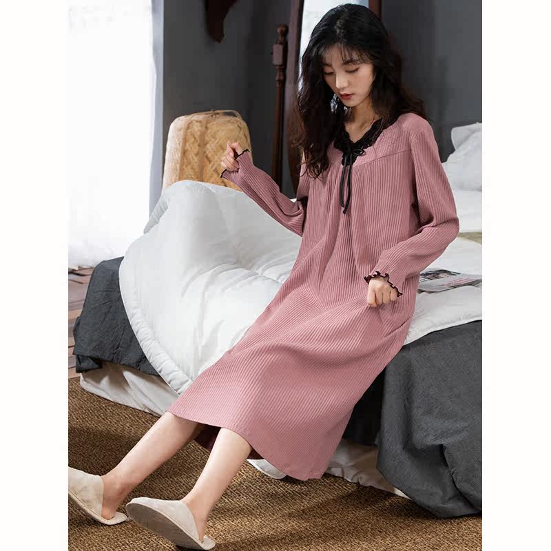 女士纯棉长袖甜美连体可外穿睡裙 康汝雅睡裙