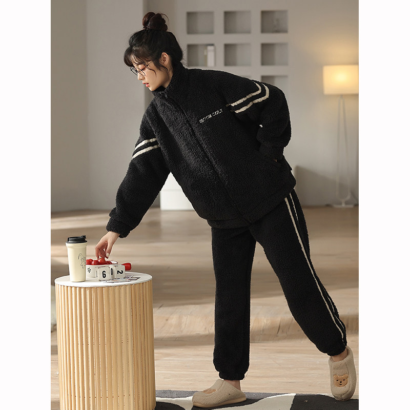 情侣秋冬珊瑚绒休闲拉链高领睡衣 康汝雅睡衣/家居服套装