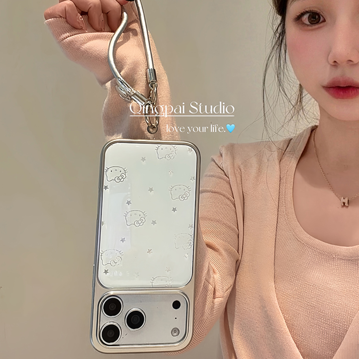 轻派ins白色线条星星猫咪挂绳适用苹果17promax手机壳iphone16pro新款15女款14银色边框13小众高级感全包硬壳 - 图0