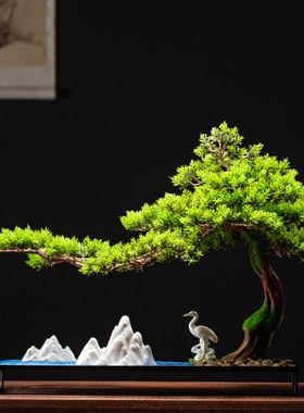 禅意仿真迎客松盆景摆件枯山水沙盘微景观造景玄关样板房软装饰品