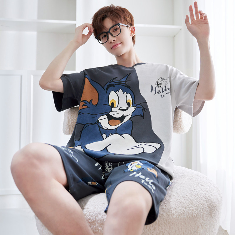 男士夏季纯棉短袖卡通青少年睡衣 kissingme睡衣/家居服套装