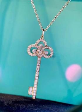 T家莆田高-版本皇冠钥匙项链女镀金18k玫瑰金鸢尾花毛衣链锁骨链