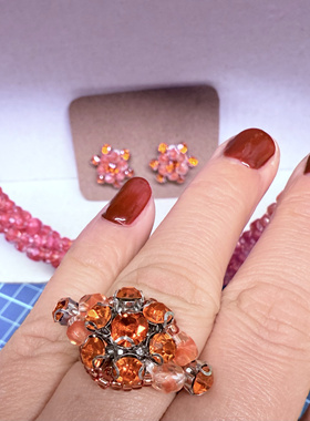 复古风 橘红石榴籽扭花项链 套样