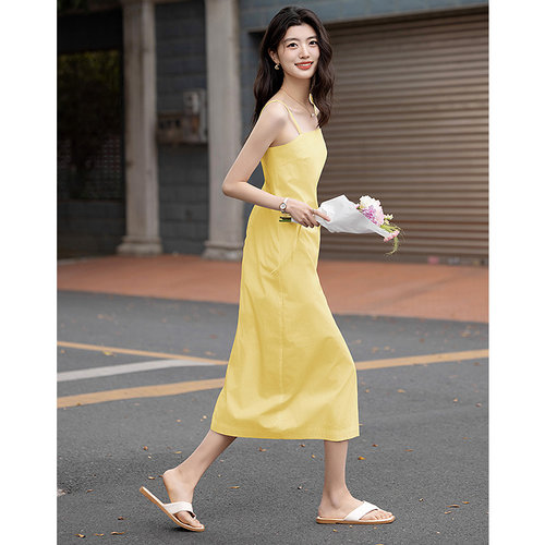 dme德玛纳【50支全棉府绸】夏季优雅白月光直筒中长款大摆女式吊带连衣裙G540221570202 - 图3
