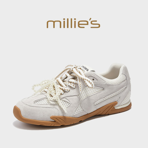 millies妙丽女鞋 圆头平底珍珠链网面透气时尚休闲板鞋2025夏新款 - 图1