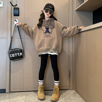 Girls autumn and winter sweatshirt 2023 new foreign air boy clothing winter clothing with cap plus suede female large child blouse integrated suede