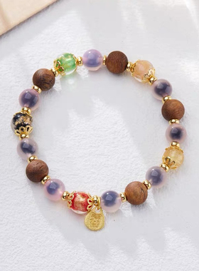 爆款粉色糖心玛瑙搭配沉香扎基拉姆手链金箔琉璃半糖手串饰品批发