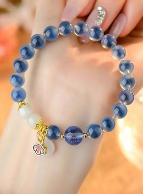 蓝色糖心玛瑙平安扣如意蓝水晶药师心咒转运珠手链香灰瓷半糖手串