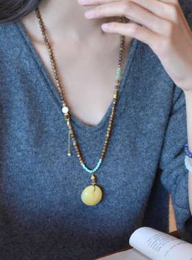 原创复古天然奇楠沉香万能链项链绿松石锁骨链国风串珠手链毛衣链