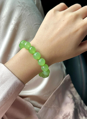 手串和田碧玉翠绿色玉石大颗粒女