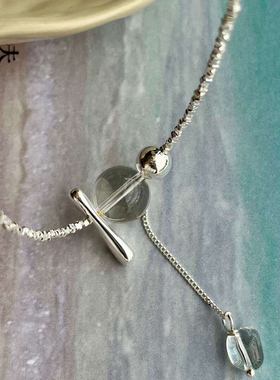 S925纯银步摇白水手工串珠碎银子白水晶流苏项链质感锁骨链百搭女