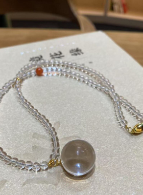 天然白水晶球球吊坠锁骨链双a级全净体大珠子项链925小米珠颈链女