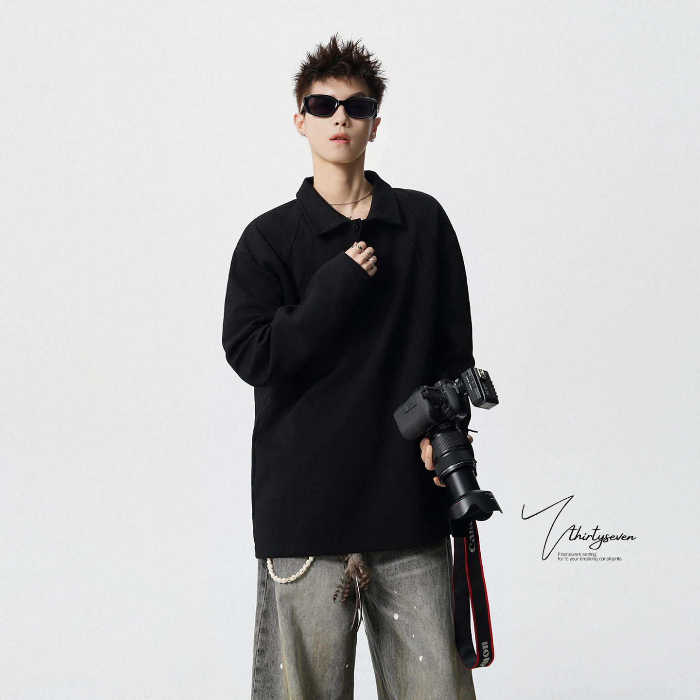 V37美式复古拼接翻领卫衣男秋潮牌解构Polo领长袖重磅休闲打底衫 - 图3