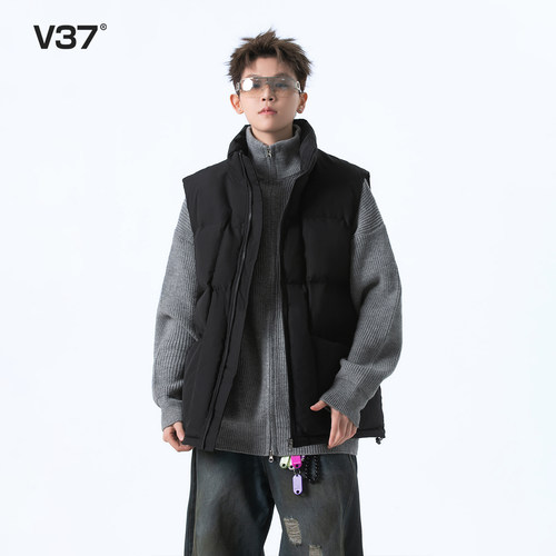 V37美式基础款黑色坎肩棉服马甲男款冬季青少年宽松无袖棉衣外套 - 图0