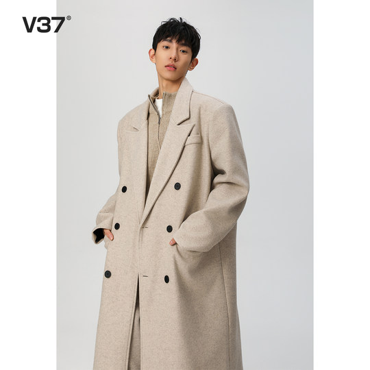 V37黑色高级感毛呢大衣男款2025春秋季长款韩版呢子加厚风衣外套