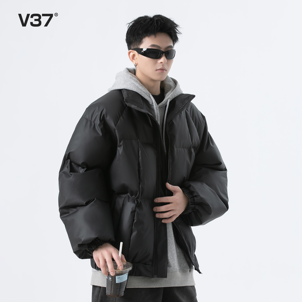 V37黑色cleanfit棉衣外套男2025冬季新款美式校园风潮牌棉服夹克 - 图0