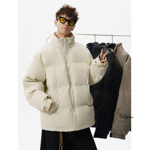 V37美式潮牌刺绣设计感立领棉服男冬季宽松复古加厚PU皮棉衣外套 - 图1