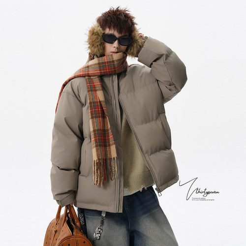 V37美式潮牌刺绣设计感立领棉服男冬季宽松复古加厚PU皮棉衣外套 - 图0