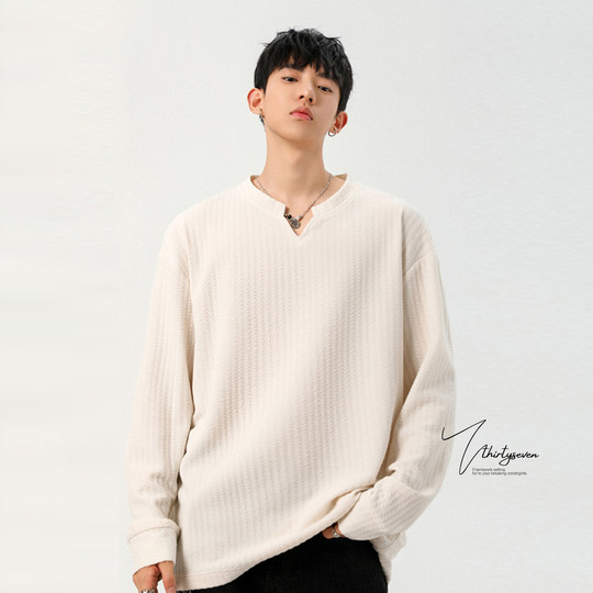 V37肌理感设计款V领长袖T恤男秋季潮牌高级感白色内搭打底衫上衣