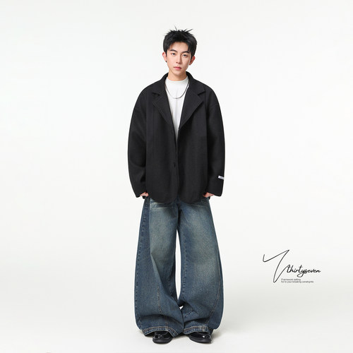 V37英伦风高街棕色毛呢西装外套男秋韩系宽松高级感痞帅翻领西服 - 图1