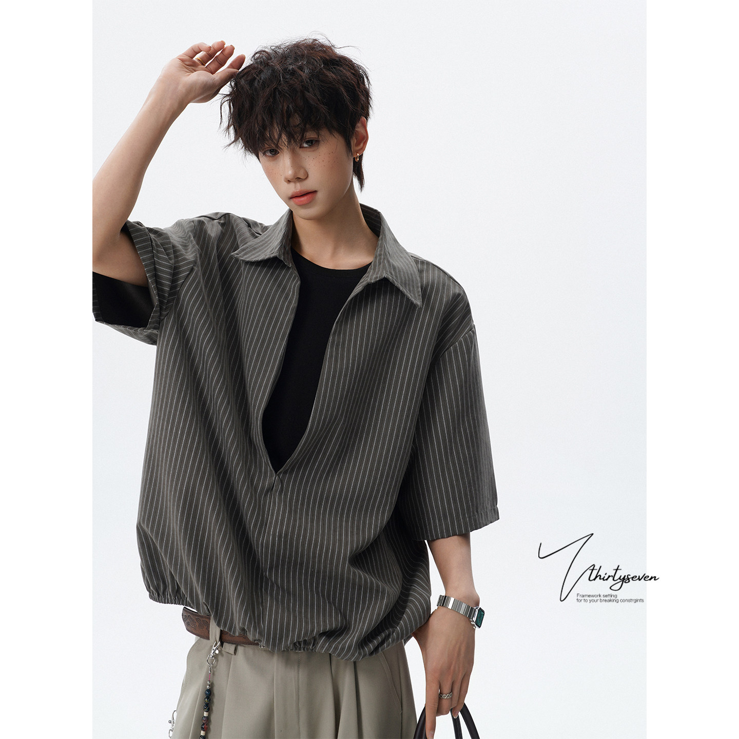 V37韩系假两件条纹短袖衬衫男夏季慵懒风松弛感宽松百搭休闲衬衣