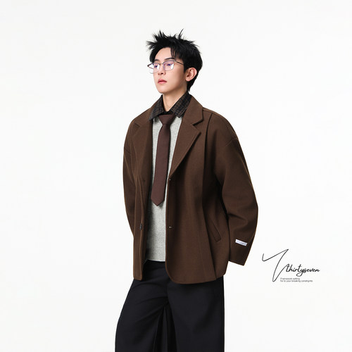 V37英伦风高街棕色毛呢西装外套男秋韩系宽松高级感痞帅翻领西服 - 图0