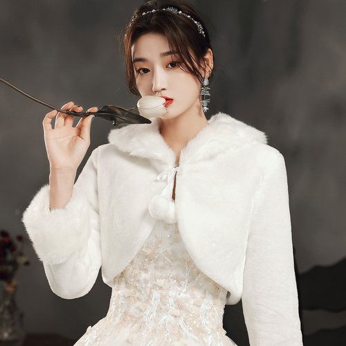 婚纱披肩冬新娘结婚礼白色伴娘服晚礼服春秋季外套长袖外披斗篷毛 - 图0