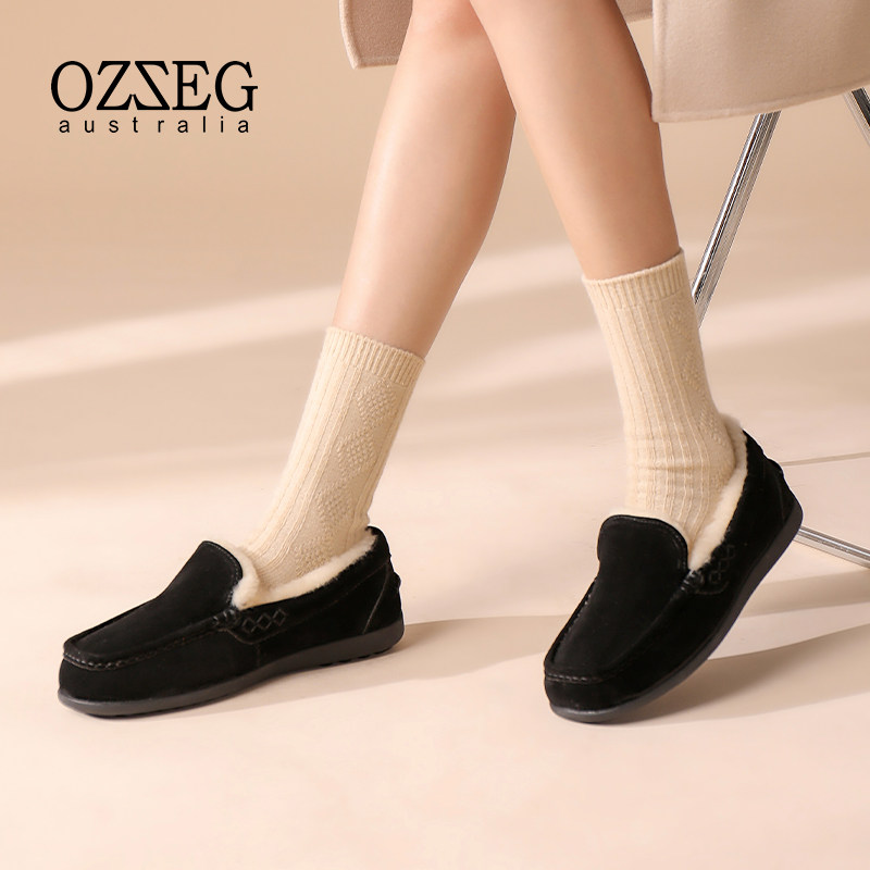 OZZEG澳泽格真皮豆豆鞋女单鞋秋冬新款软底平底一脚蹬加绒保暖鞋,淘宝优惠券,粉丝福利购,淘宝优惠卷