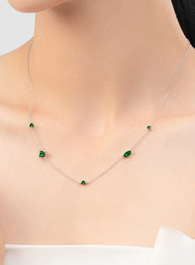 摩典925银祖母绿复古锆石项链女