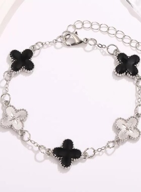 新款四叶草手链钛钢镀白K金色双面时尚轻奢手环五花贝母手链