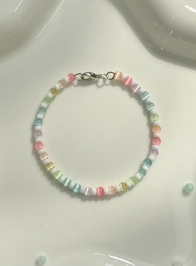 手工自制猫眼石串珠手串记忆钢圈多巴胺高颜值学生党彩虹米珠手链