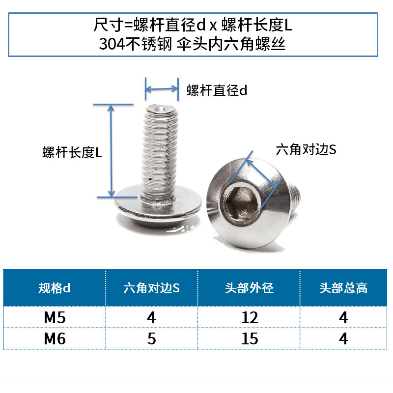 304不锈钢大伞头内六角螺丝大扁头螺钉蘑菇头内六角螺丝伞型M5M6