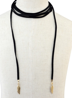 复古黑色绒绳羽毛吊坠项链