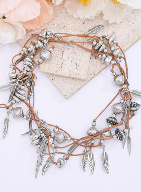 欧美夸张多层多位置挂饰绳带项链