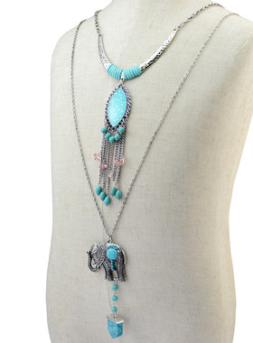 波西米亚风多层叠戴大象吊坠项链