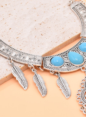 民族风异域夸张银色项链叶子合金