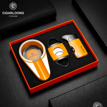 CIGARLOONGeggplant Cigar Tool Suit Stainless Steel Cigar Cut Windproof Lighter Ashtray Three Sets