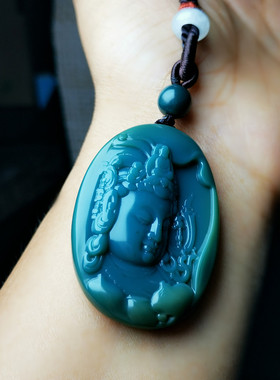 天然保真原矿阿拉善玛瑙蓝绿观音吊坠男款挂件无相佛项链女雕刻件
