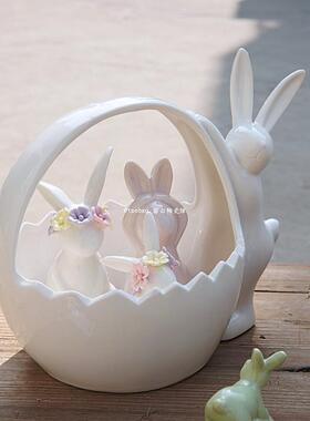 留白 最后的兔子窝 瑕疵陶瓷可爱小白兔摆件 提篮 桌面装饰品