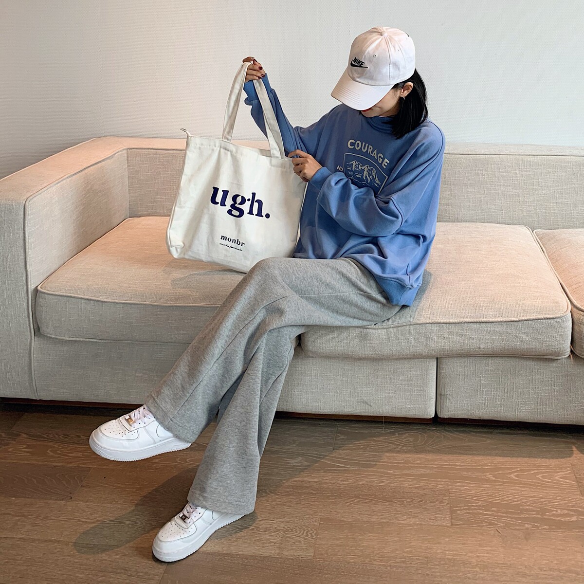 灰色运动秋冬加绒螺纹棉高腰阔腿裤 梅莉娅休闲裤